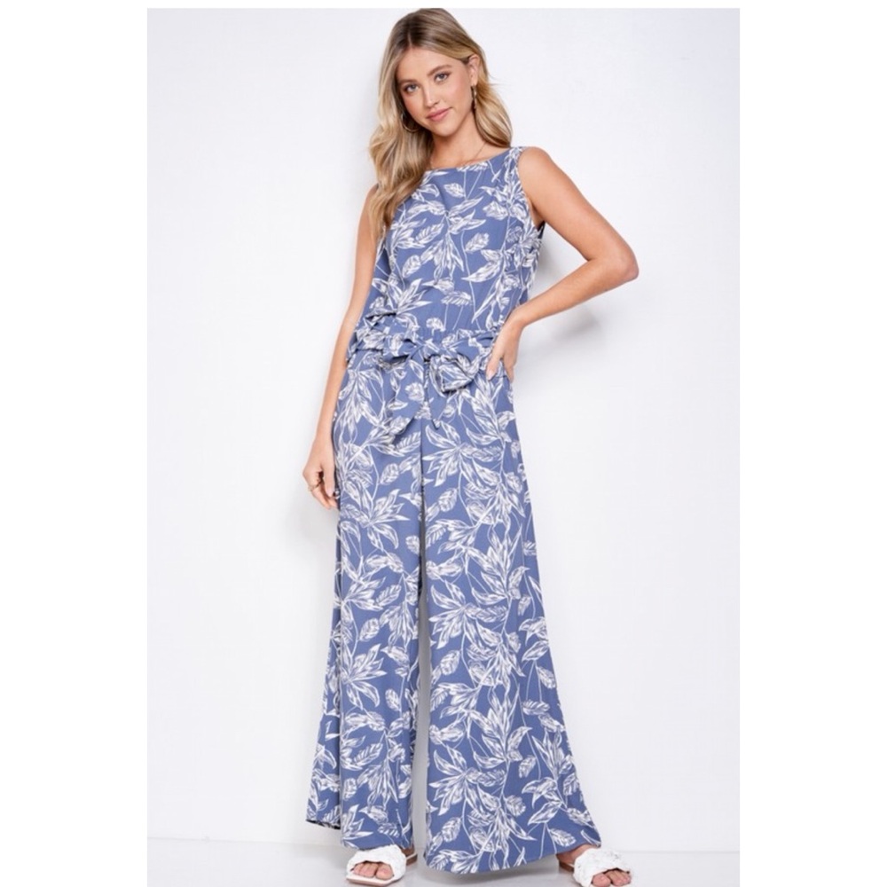 Dark Sapphire Blue Foliage Print Lounge Set